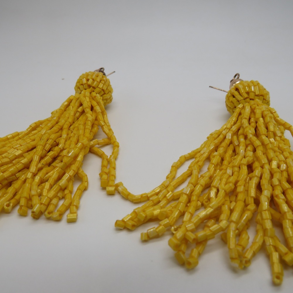 Yellow Beaded Tassel Earrings 4 Inch Long Boho Dangle Statement Jewelry